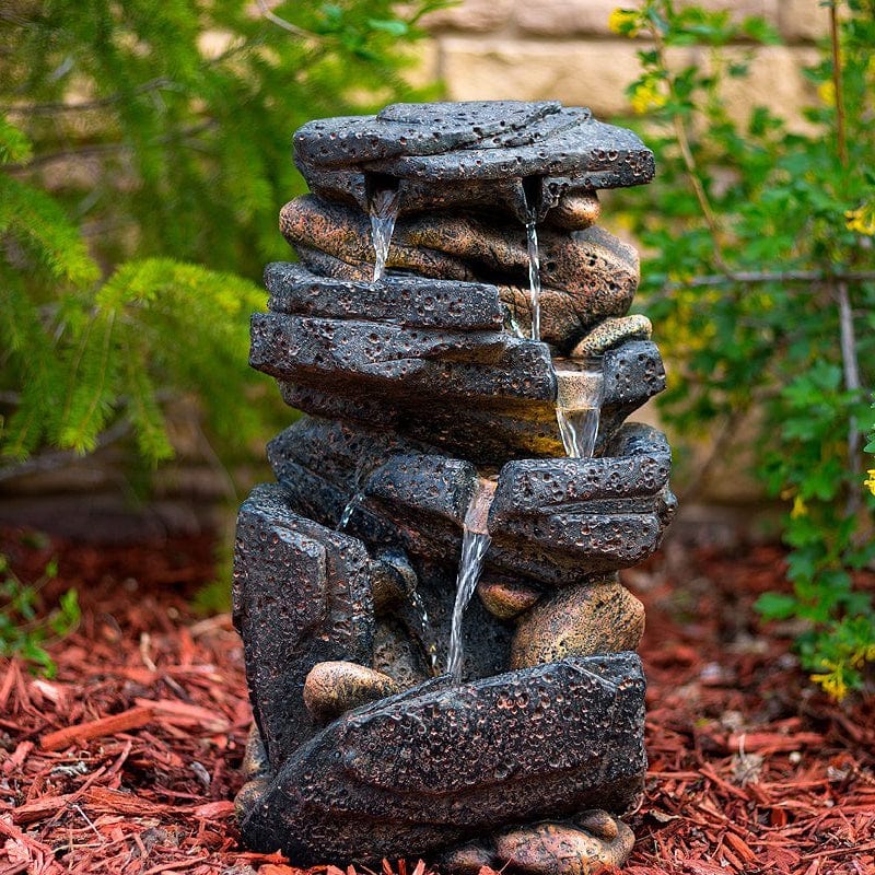 20" Lassen Stone Waterfall Rock Fountain with LED Lights - Outdoor Art Pros