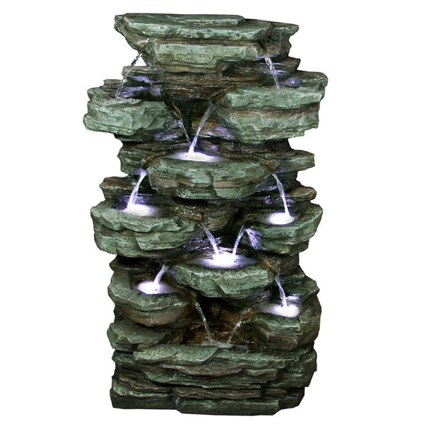 Tiered Rock Rainforest Fountain With White LED Lights - Outdoor Art Pros