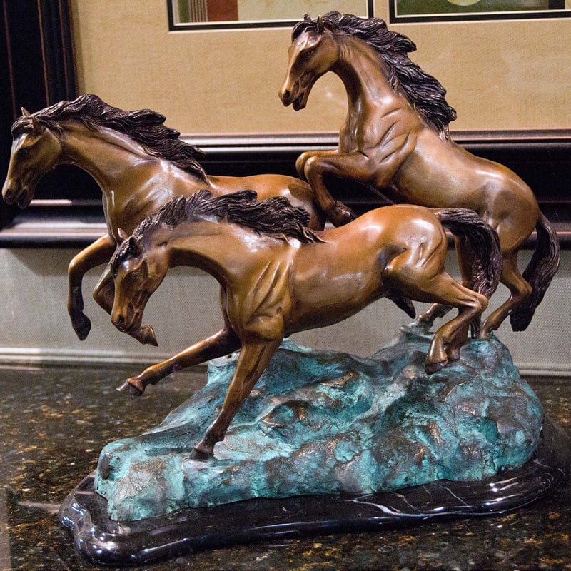 Brass Baron Three Horses Galloping Table Top Statue - Brass Baron - Outdoor Art Pros