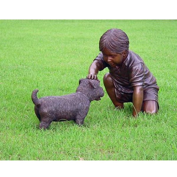 Brass Baron Boy Petting Dog Garden Statue - Brass Baron - Outdoor Art Pros