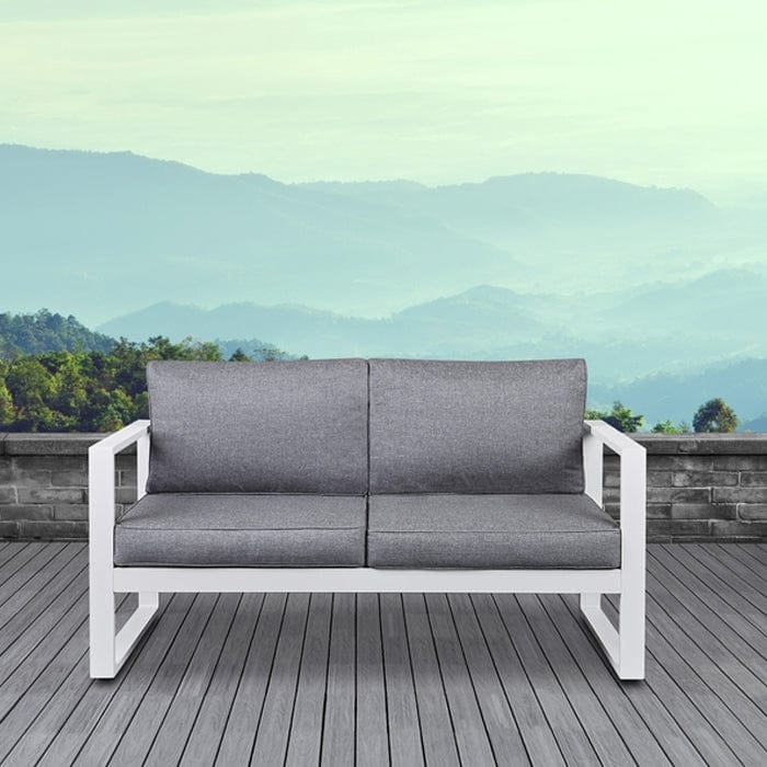 Baltic Outdoor Love Seat- White Frame with Gray Cushions - Outdoor Art Pros