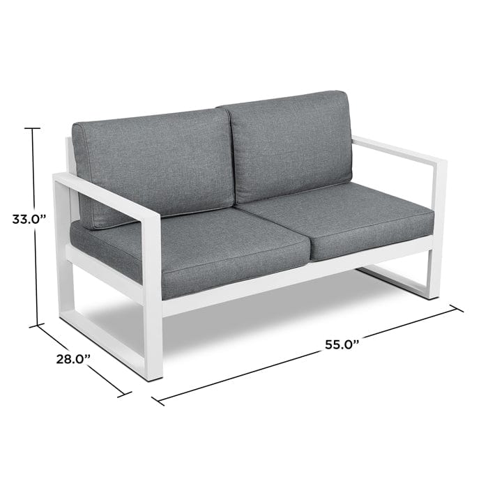 Baltic Outdoor Love Seat- White Frame with Gray Cushions - Outdoor Art Pros
