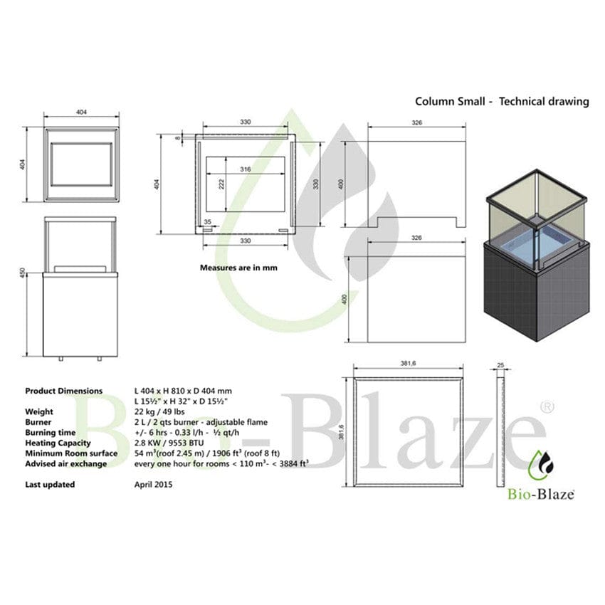 Bio-Blaze Column Bio Ethanol Fuel Fireplace - Small