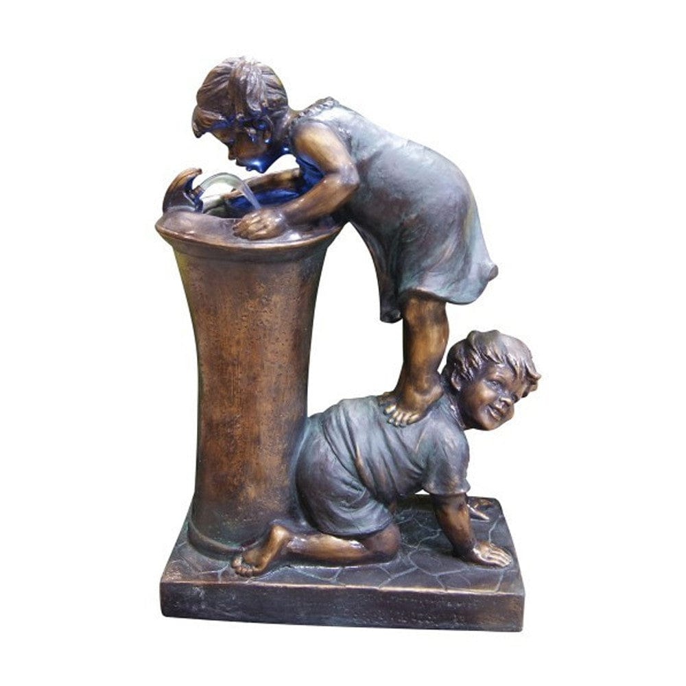 Boy And Girl Drinking Water Fountain With LED Light - Outdoor Art Pros
