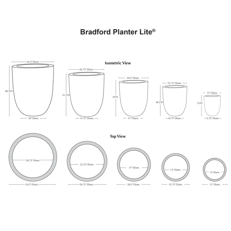 Bradford Planter Onyx Black Lite Specs - Outdoor Art Pros