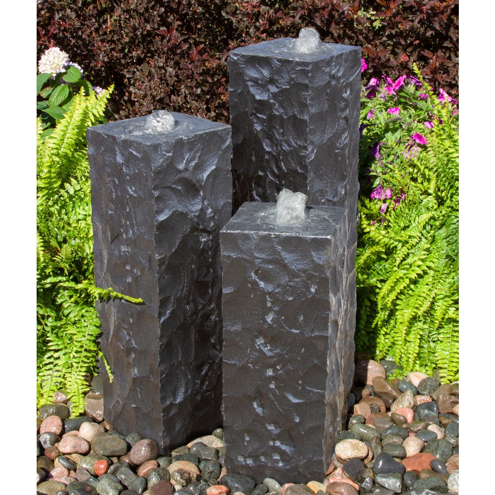 Chiseled Black Basalt Column Outdoor Fountain - Outdoor Art Pros