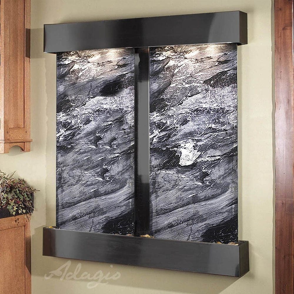 Cottonwood_Falls_Wall_Fountain_with_Antique_Black_Copper_Trim_and_Black_Spider_Marble_with_Squared_Corners - Outdoor Art Pros