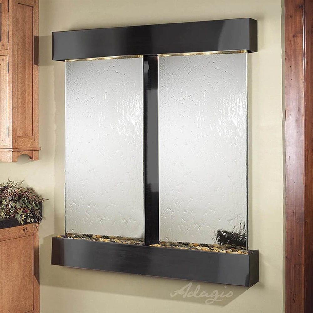 Cottonwood_Falls_Wall_Fountain_with_Antique_Black_Copper_Trim_and_Silver_Mirror_with_Squared_Corners - Outdoor Art Pros