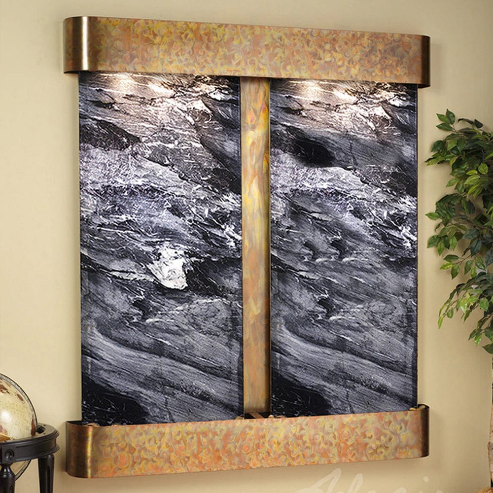 Cottonwood_Falls_Wall_Fountain_with_Rustic_Copper_Trim_and_Black_Spider_Marble_with_Rounded_Corners - Outdoor Art Pros