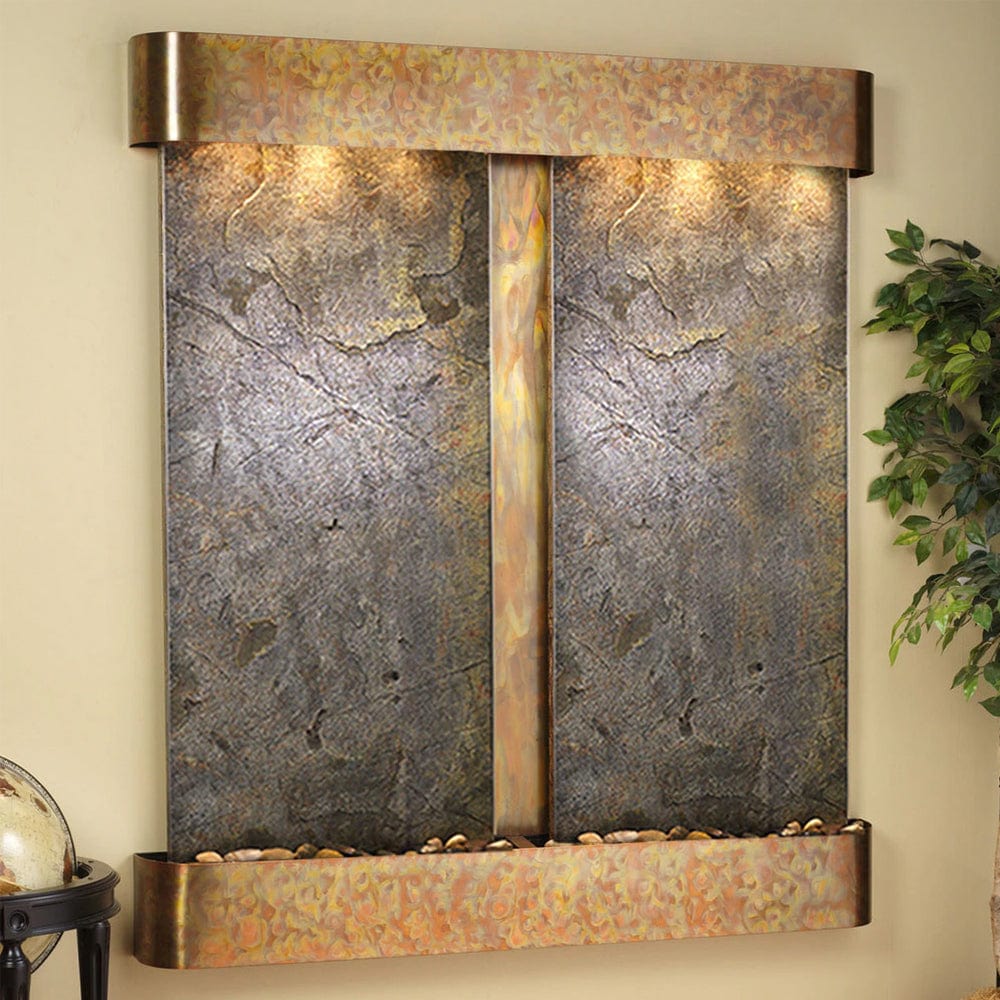 Cottonwood_Falls_Wall_Fountain_with_Rustic_Copper_Trim_and_Green_Featherstone - Outdoor Art Pros