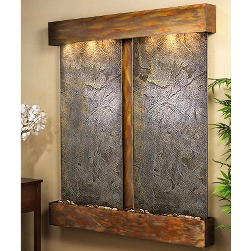 Cottonwood_Falls_Wall_Fountain_with_Rustic_Copper_Trim_and_Green_Featherstone_with_Squared_Corners - Outdoor Art Pros