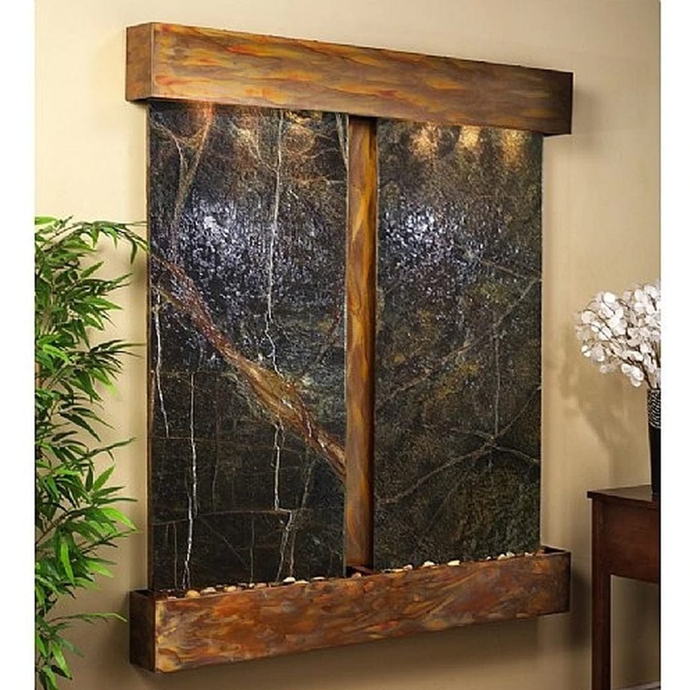 Cottonwood_Falls_Wall_Fountain_with_Rustic_Copper_Trim_and_Green_Rainforest_Marble - Outdoor Art Pros