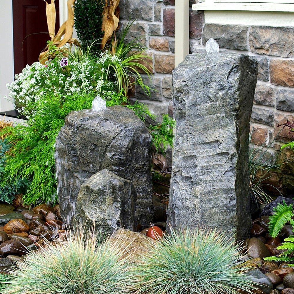 Double Cascade Stone Fountain with Accent Rock - Outdoor Art Pros