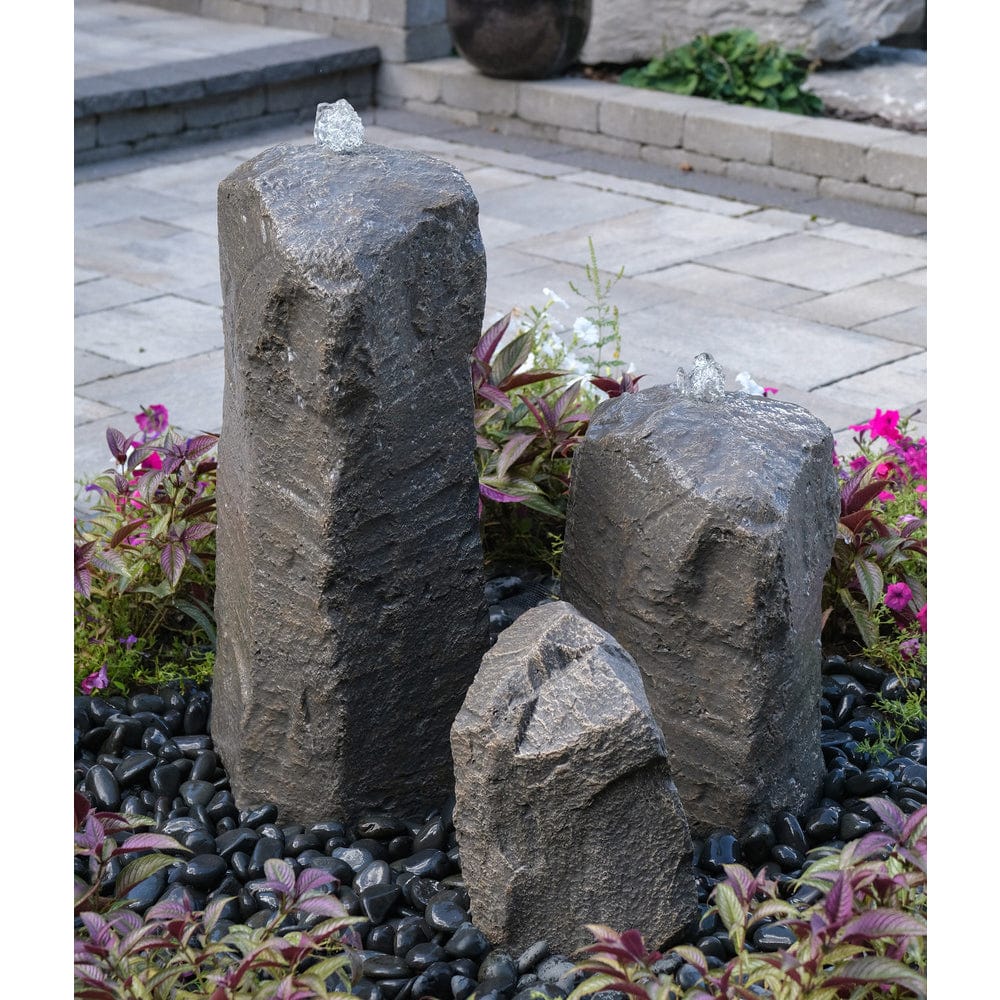 Double Cascade Stone Fountain with Accent Rock - Outdoor Art Pros