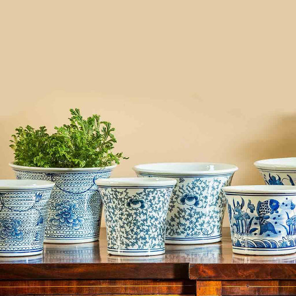 blue and white flower pot planter Flared Planter Set of 6 in Blue and White Mix