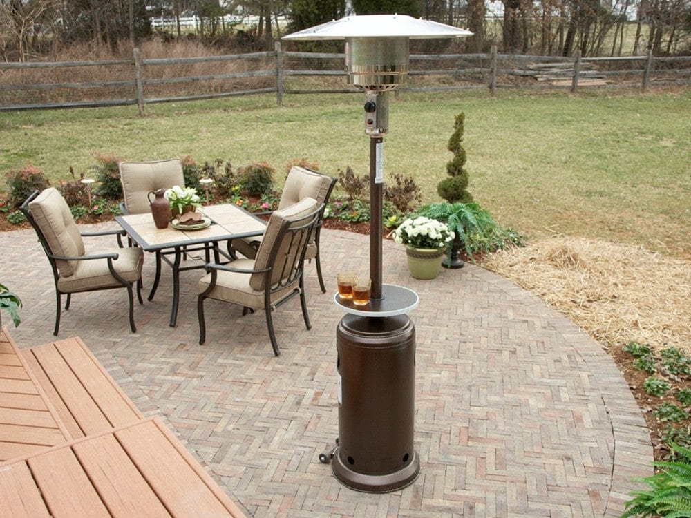87" Tall Hammered Bronze Outdoor Patio Heater with Table - Outdoor Art Pros