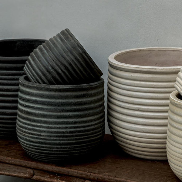 Halliard Round Planter Set of 12 in Black and White Glaze - Outdoor Art Pros