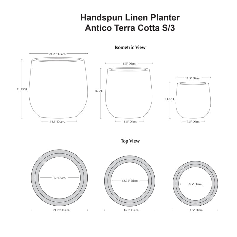 Handspun Linen Planter - Set of 3 in Antico Terra Cotta - Outdoor Art Pros