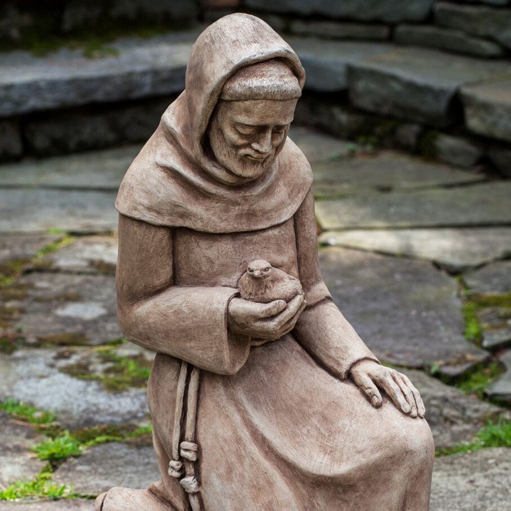 Kneeling St. Francis with Bird Statue - Outdoor Art Pros