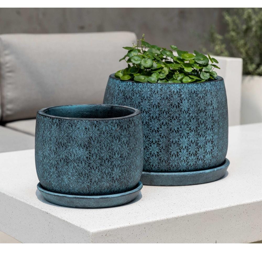 Marguerite Large Round Planter Set of 8 - Etched Blue - Outdoor Art Pros