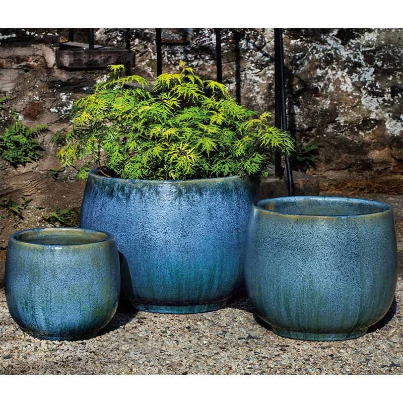 Martine Glazed Terra Cotta Planter-Set of 3 in Blue Pearl - Outdoor Art Pros
