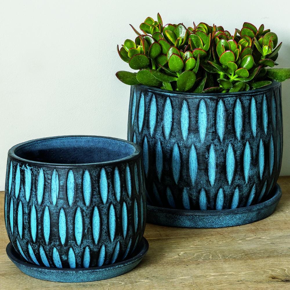 Parabola Large Round | Cold Painted Terra Cotta Planter in Etched Blue Finish