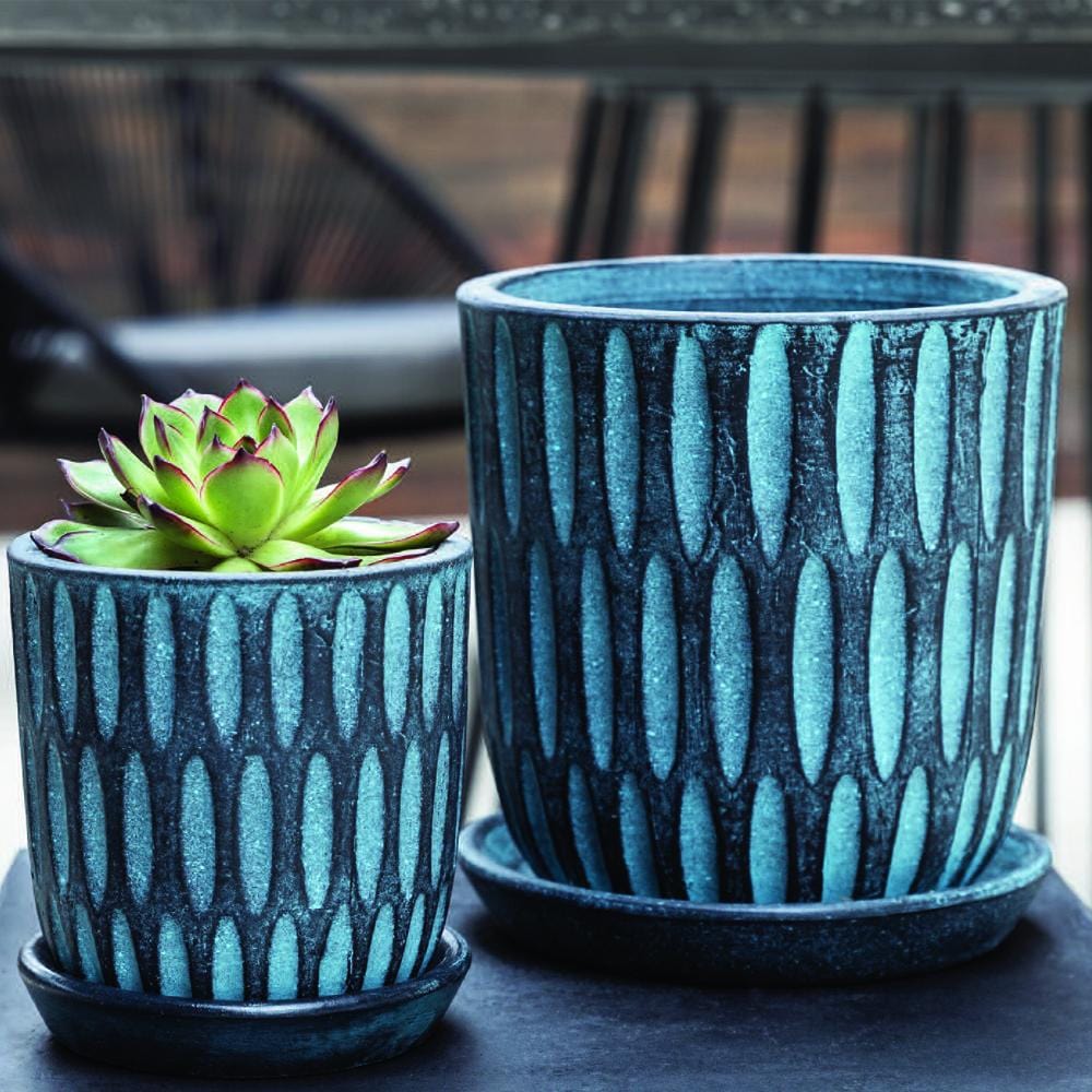 Parabola Set of 8 | Cold Painted Terra Cotta Planter in Etched Blue -Outdoor Art Pros