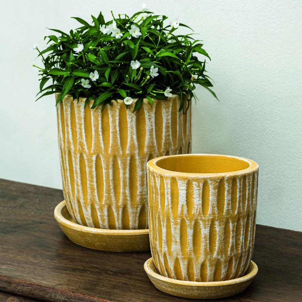 Parabola Set of 8 | Cold Painted Terra Cotta Planter Etched Yellow - Outdoor Art Pros