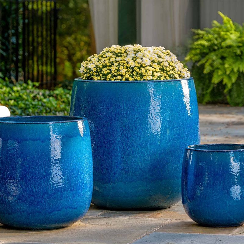 Potrero Glazed Terra Cotta Planter Set of 3 in Cerulean Blue - Outdoor Art Pros