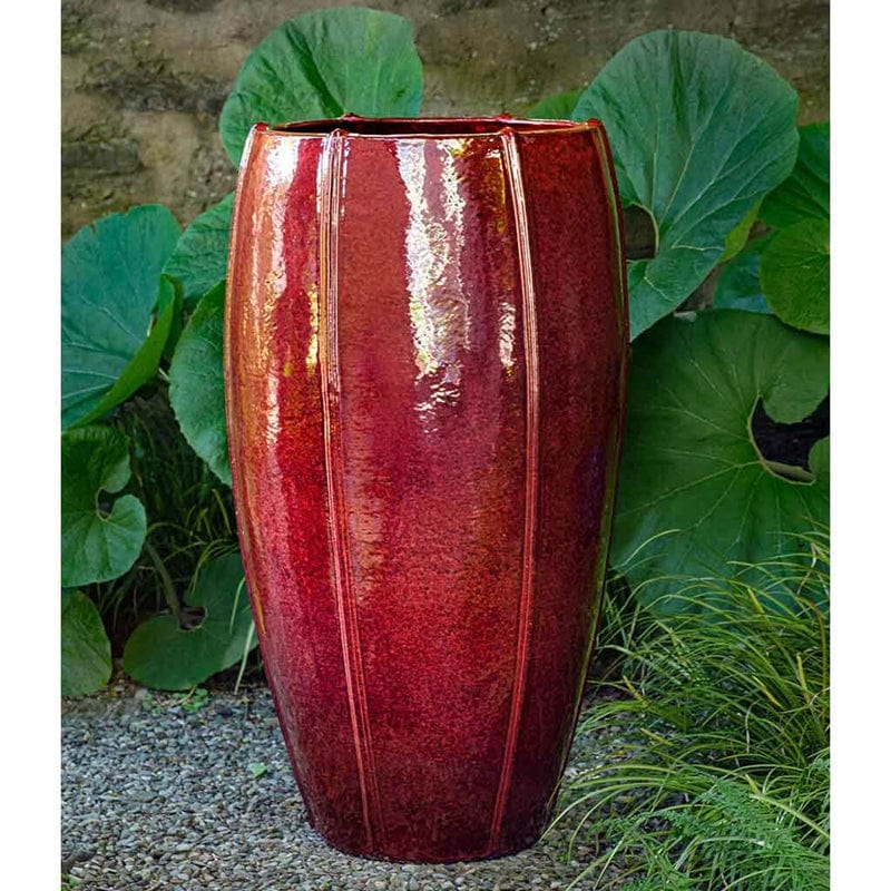 Rib Vault Glazed Terra Cotta Planter Tall in Tropical Red - Outdoor Art Pros