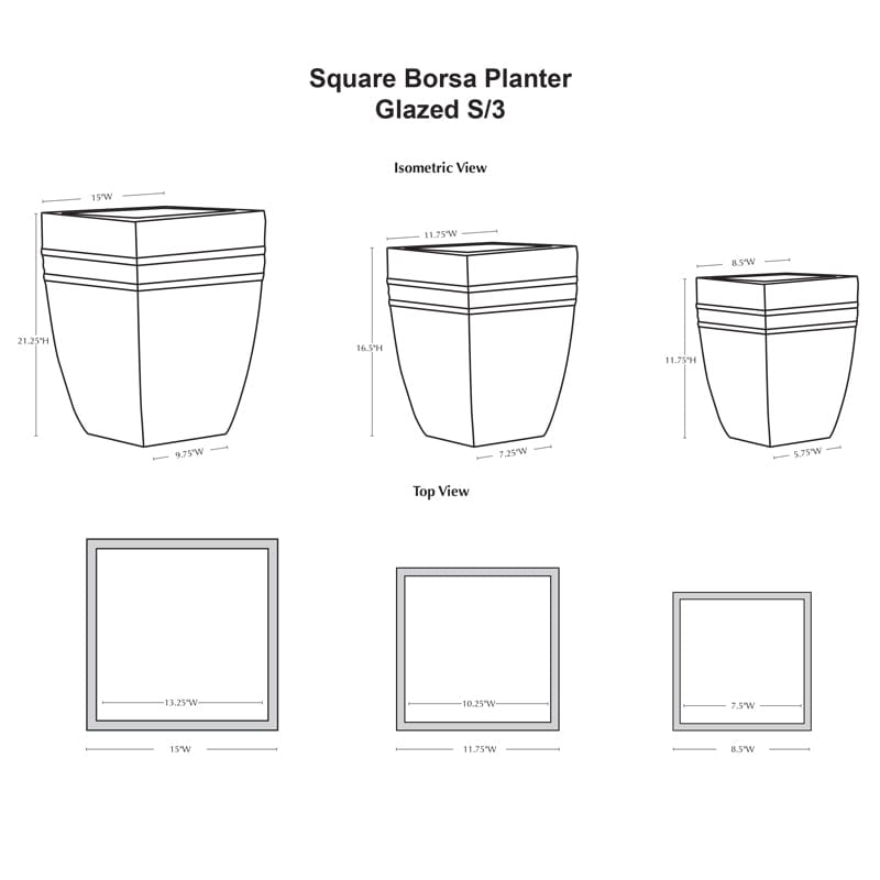 Square Borsa Planter Set of 3 in Indigo Rain Finish - Outdoor Art Pros