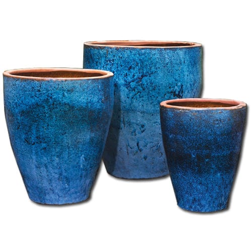 Tharabar Glazed Terra Cotta Planter Set of 3 in Rustic Blue Finish - Outdoor Art Pros