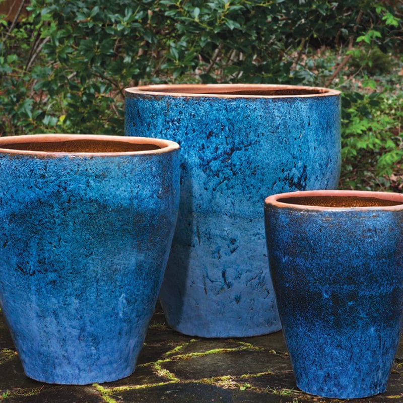 Tharabar Glazed Terra Cotta Planter Set of 3 in Rustic Blue Finish - Outdoor Art Pros