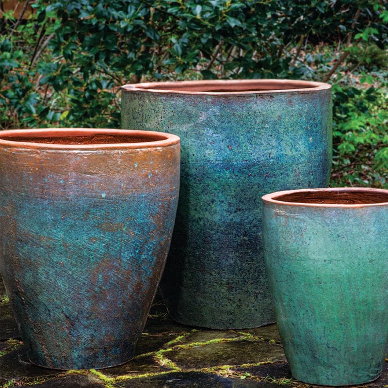 Tharabar Glazed Terra Cotta Planter Set of 3 in Rustic Green Finish - Outdoor Art Pros