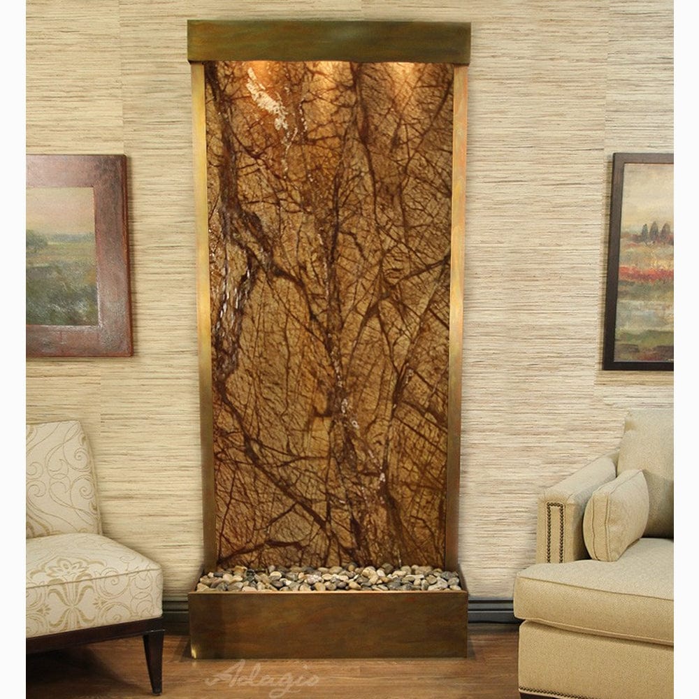 Tranquil River (Flush Mounted Towards Rear Of The Base) - Rainforest Brown Marble - Rustic Copper - White - Outdoor Art Pros
