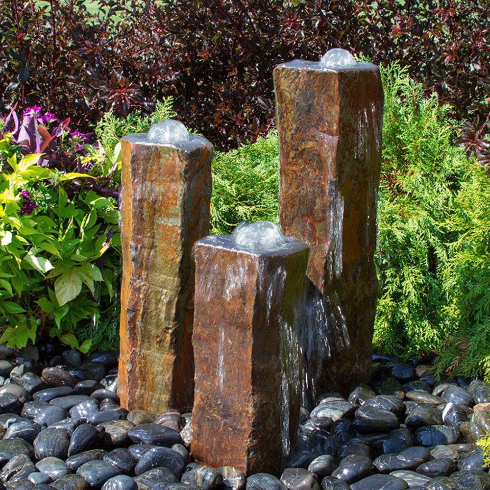 Triple Bowled, Polished Top Basalt Column Outdoor Fountain - Outdoor Art Pros