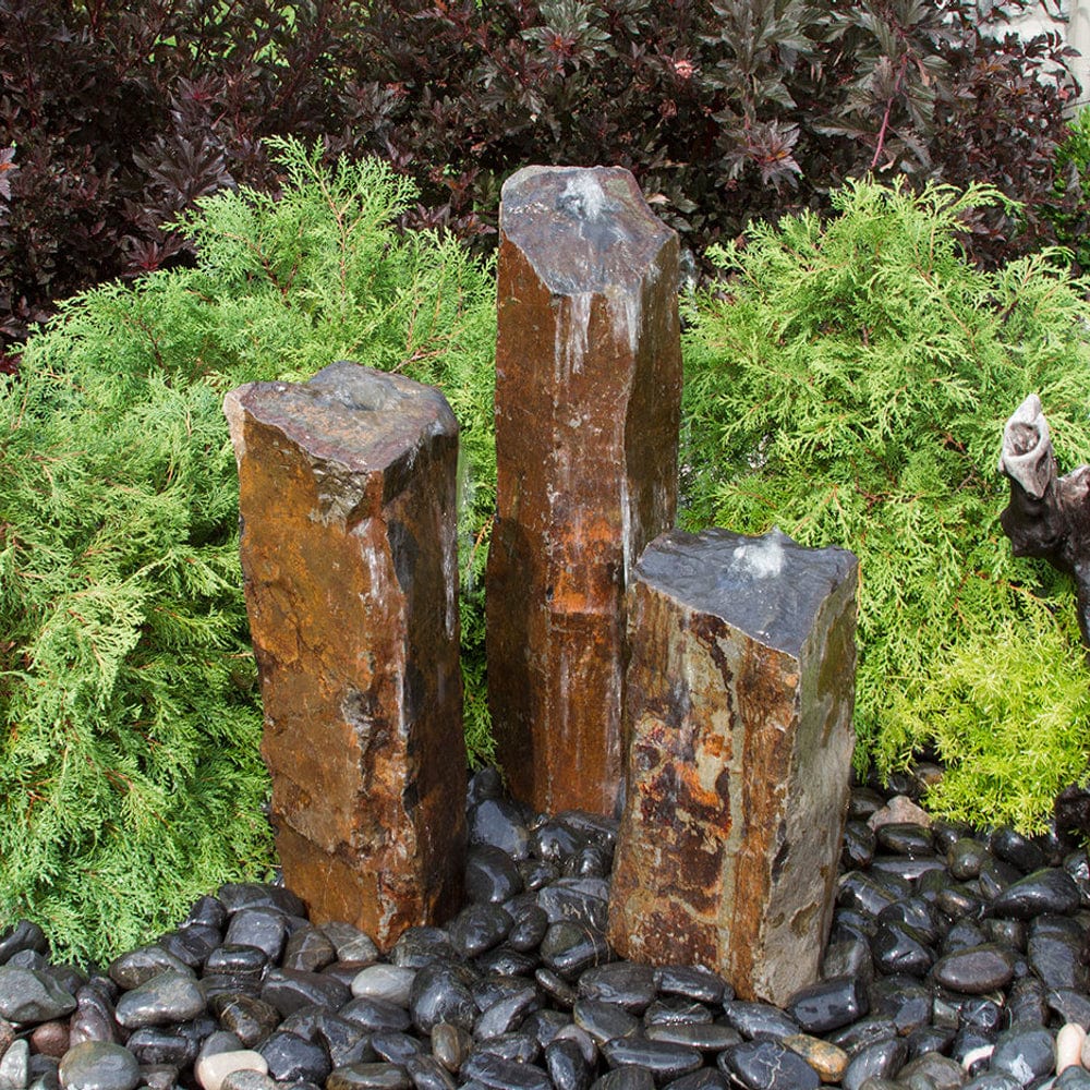 Triple Rustic Basalt Stone Outdoor Fountain - Outdoor Art Pros