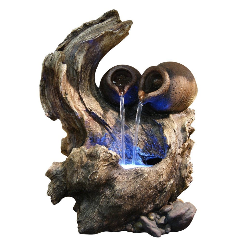 Two Pots On A Tree Branch Tabletop Fountain - Outdoor Art Pros