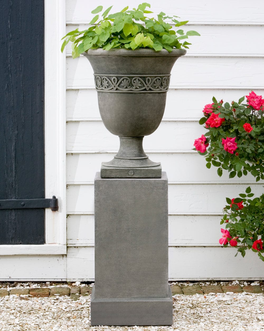 Williamsburg Strapwork Leaf Urn Garden Planter on Classic Tall Garden Pedestal - Outdoor Art Pros